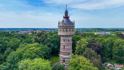 Aerial view of the Deventer water tower. Built in 1892 on the cities highest spot it is still in...