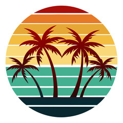 Simplified island scene with bold palm silhouettes and striped sunset in circular layout.