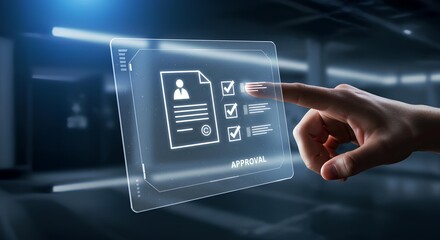 Finger Selecting Digital Resume Interface with Checkboxes — Ideal for Online Job Application Concepts, HR Portals, Recruitment Campaigns, and Futuristic UI Design Projects