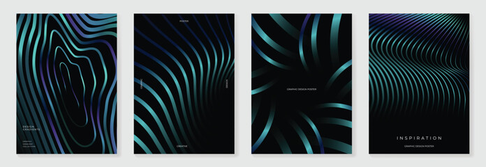 Plakat Abstract line wave gradient poster background vector set. Minimalist cover template with vibrant perspective line wave in motion. Ideal design for social media, cover, banner, flyer, music, ads.