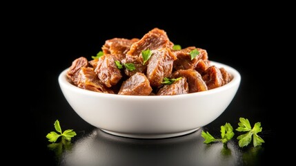 A white bowl filled with savory braised beef cubes garnished with fresh parsley is displayed against a stark black backdrop providing a visually appetizing scene.