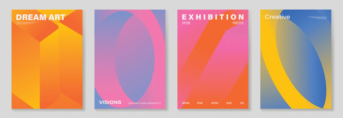 Plakat Modern gradient poster background vector set. Minimalist cover template with vibrant perspective geometric shapes different. Ideal design for social media, cover, banner, flyer.
