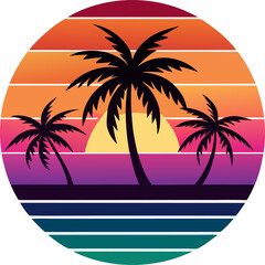 Ocean Glow – Geometric Sunset with Magenta and Palm Silhouettes