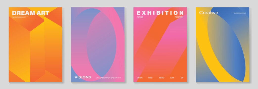 Modern gradient poster background vector set. Minimalist cover template with vibrant perspective geometric shapes different. Ideal design for social media, cover, banner, flyer.