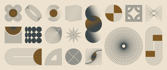 Abstract minimal element mid century vector set. Aesthetic contemporary stripe line art, vintage geometric shape,halftone in monochrome and brown. Atomic age Art form design for wall art, decoration.