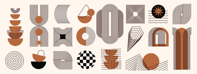 Plakat Abstract minimal element mid century vector set. Aesthetic contemporary stripe line art, vintage geometric shape,halftone in monochrome and brown. Atomic age Art form design for wall art, decoration.