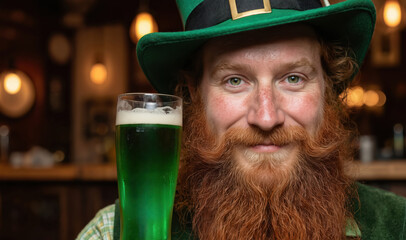 Man in green hat, red hair, and bearded at wooden bar in cozy pub. He captivated by camera, surrounded by rustic wooden walls and ceiling. Frothy white beer on counter, his attention drawn to viewer.