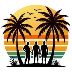 Sunset Gathering – Surfer Trio Under Retro Palms