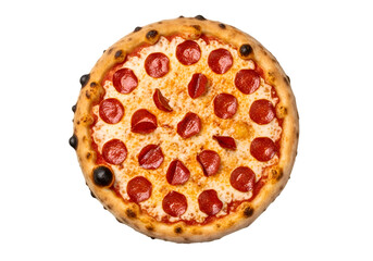 Pepperoni pizza, top view, against a black background.