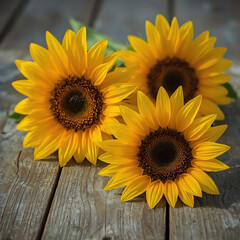 Fototapeta premium The image features a close-up of vibrant sunflowers on a wooden surface, showcasing their warmth and rustic charm.