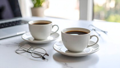 Two white ceramic cups of black coffee and eyeglasses on a bright marble work desk.