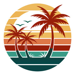 Clean Surfing Scene with Layered Sun and Palm Silhouettes in Faded Beach Tones