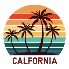 Naklejka premium California Summer Scene with Pastel Palms and Faded Horizon over Retro Stripes