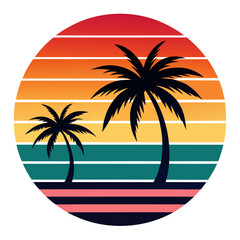Minimal Retro Beach Composition with Fading Sunset Stripes and Palm Silhouettes