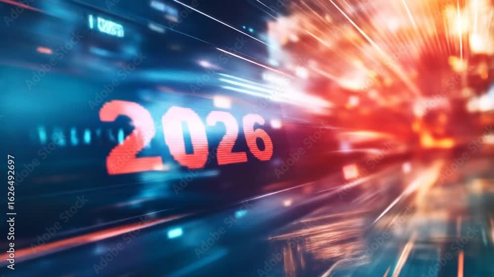 Poster futuristic 2026 animation with high-speed light trails and digital data flow