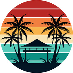 Palm Trees and Tropical Hut in Semi-Circle Sunset with Retro Color Bands