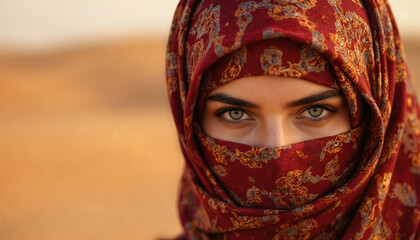 Arabian woman face model in red veiled headscarf with floral pattern. Beautiful eyes gaze towards viewer, elegant desert lady with close-up. Veiled Muslim woman with lovely features, stylish,