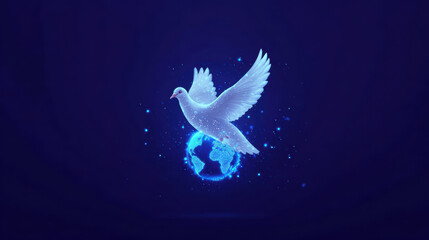 White dove flying over glowing blue earth globe with peace feeling