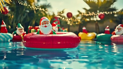 Santa claus inflatable toys floating in swimming pool with christmas decorations. Summer holiday party concept for pool celebrations, tropical christmas and festive events