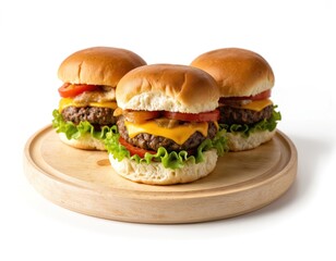 Golden-brown hamburgers rest on wooden board with round buns filled with dark brown patties. Bright green lettuce tops burgers. Triangular formation with slight offset adds depth. Rustic charm from