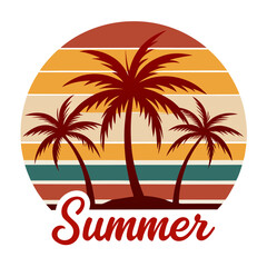Palm Trees Over Striped Sunset Circle with Flowing “Hello Summer” Script