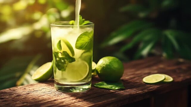 Refreshing lime and mint infused beverage in sunlight on rustic wooden surface.