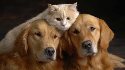 Golden retriever dog and cream cat stacked closeup portrait
