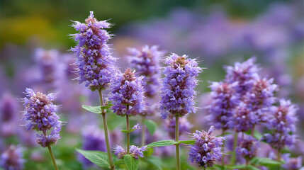 Naklejka premium Purple flowers of hyssop plant blooming in natural garden