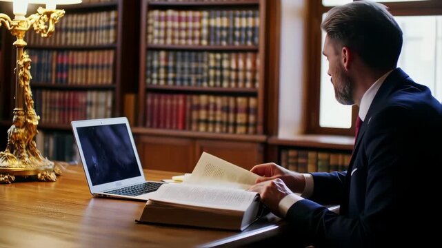 Exploring Knowledge: A Man Delving into Research in a Vintage Library