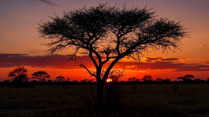 Acacia tree silhouette against orange sunset sky in african savanna landscape. Safari wildlife concept for nature documentaries, travel promotions and conservation awareness campaigns