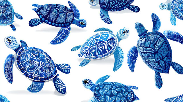 Blue sea turtle seamless pattern with marine life doodling art