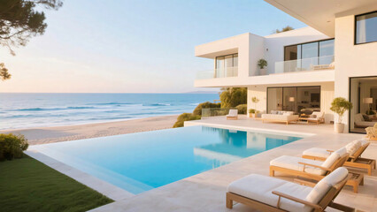 Fototapeta premium Luxury beachfront villa with infinity pool at sunrise