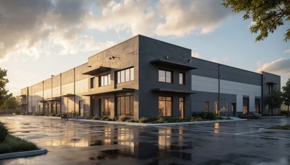 Large modern building with gray facade, flat roof and curved roofline. Surrounded by trees in suburban area. Building imposing presence emphasized by low angle view. Cloudy sky with dramatic backdrop.