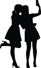 Silhouette of fashionable women taking selfie, playful pose, social media moment, vector icon, friendship, fun lifestyle illustration