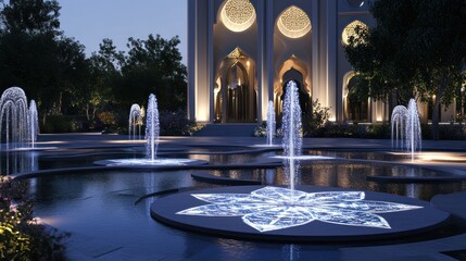 Illuminated Fountains in front of Grand Mosque at Dusk