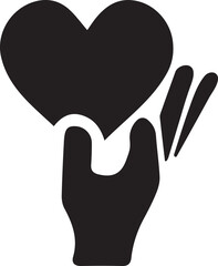 Stylized Silhouette Hand Holding Heart Symbolizing Love Charity and Support Volunteerism and Care in a Minimalist Black and White Design