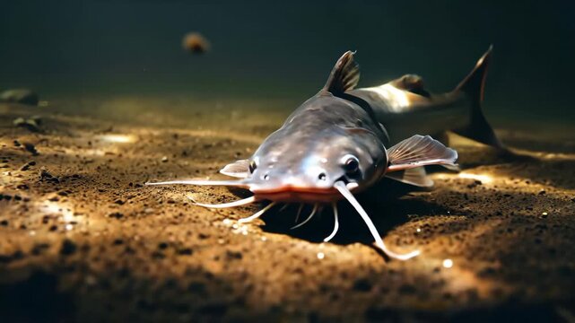 Catfish swimming near sandy bottom in murky underwater environment with long whiskers extended. Freshwater fish concept for aquarium hobby, fishing promotions and aquatic life documentaries