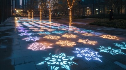 Decorative Snowflake Lights Shine on Urban City Plaza