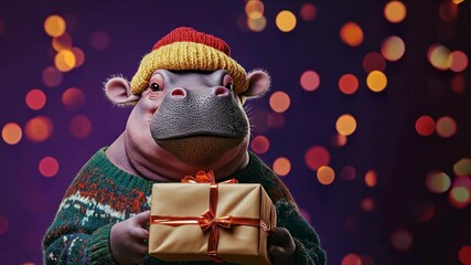 Hippo wearing christmas sweater and knit hat holding wrapped gift with bokeh lights background. Holiday animal concept for greeting cards, seasonal promotions and festive marketing campaigns