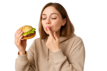 Young woman licking finger while holding burger with transparent background