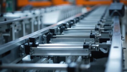 Industrial factory scene with assembly line in close-up. Metal beams, rivets, and conveyor belts. High-speed machinery, production line, and manufacturing process.