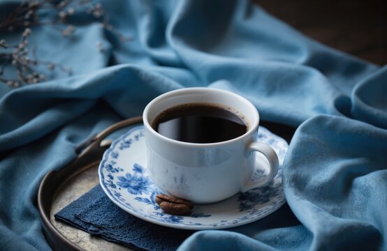 White coffee cup with blue floral pattern rests on dark blue cloth. Rich, dark coffee fills cup with piece of dark chocolate floating on top. Brown coffee grounds in corner add pop of color.