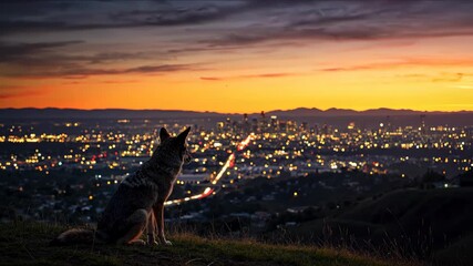 Coyote silhouette sitting on hill overlooking city lights at golden sunset. Urban wildlife concept for nature documentaries, wildlife conservation and metropolitan coexistence awareness campaigns
