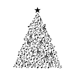 Christmas tree made of musical notes with star on top silhouette