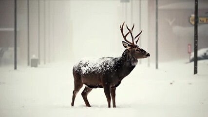 Male deer with antlers standing in snowy winter landscape with bare trees background. Wildlife nature concept for winter documentaries, hunting promotions and conservation awareness campaigns
