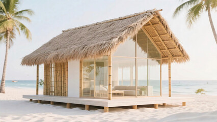 Fototapeta premium Modern beach bungalow with thatched roof and bamboo accents