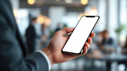 Close-up of a businessman hand holding a smartphone white screen is blank the background is blurred.Mockup.