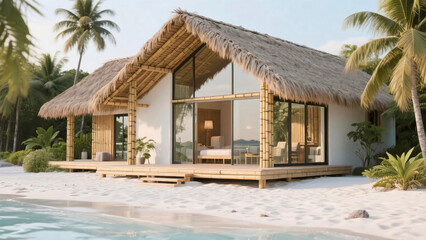 Luxury beachfront bungalow with thatched roof