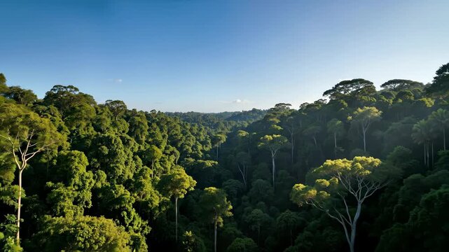 Dense tropical rainforest canopy with lush green trees creating layered forest landscape. Environmental conservation concept for nature documentaries, eco-tourism promotions