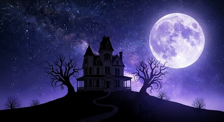 Eerie Haunted House Under a Full Moon at Night